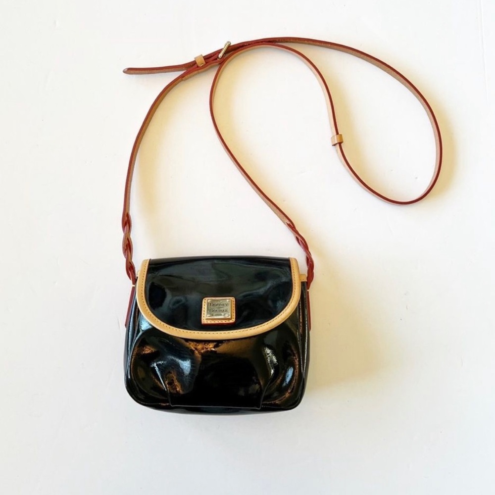 Dooney & Bourke Black Patent Mini Crossbody Bag Vachetta Trim Purse